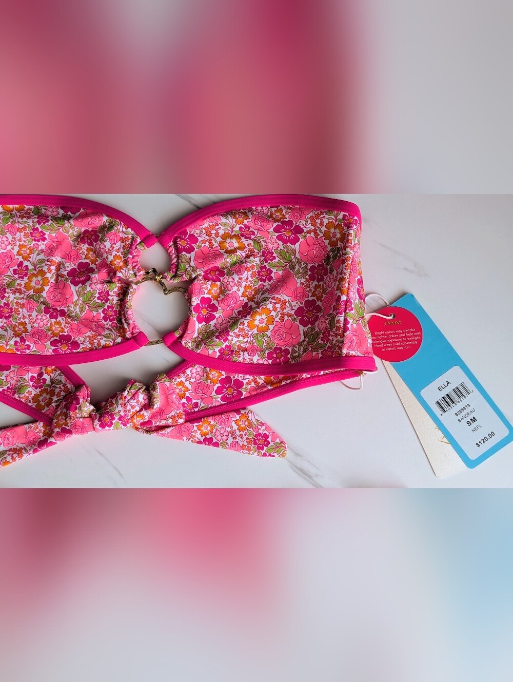 NWT Beach Bunny Ella Floral Bikini Set Pink Bandeau Heart Hardware Small - Picture 4 of 10